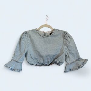 NWT WeWoreWhat cropped ruffle peasant sleeve blouse acid wash denim women’s XS